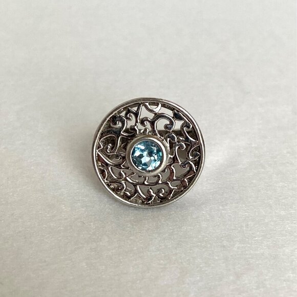 Sterling Silver 925 Round Blue Topaz Scrollwork Wide Band Statement Ring Sz 5.75 - Picture 6 of 16